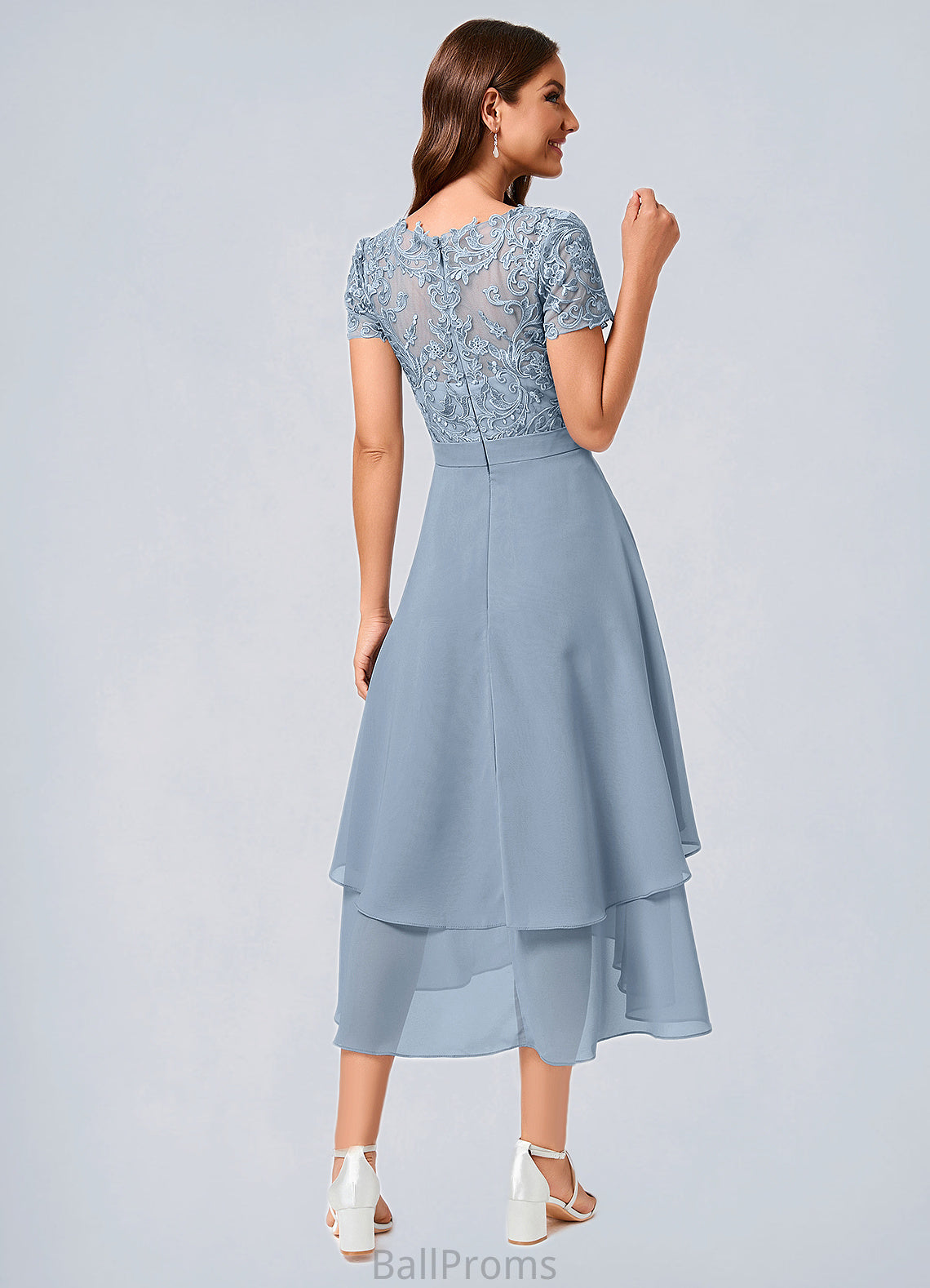 Marlee A-line Scoop Asymmetrical Chiffon Lace Cocktail Dress HJP0022246