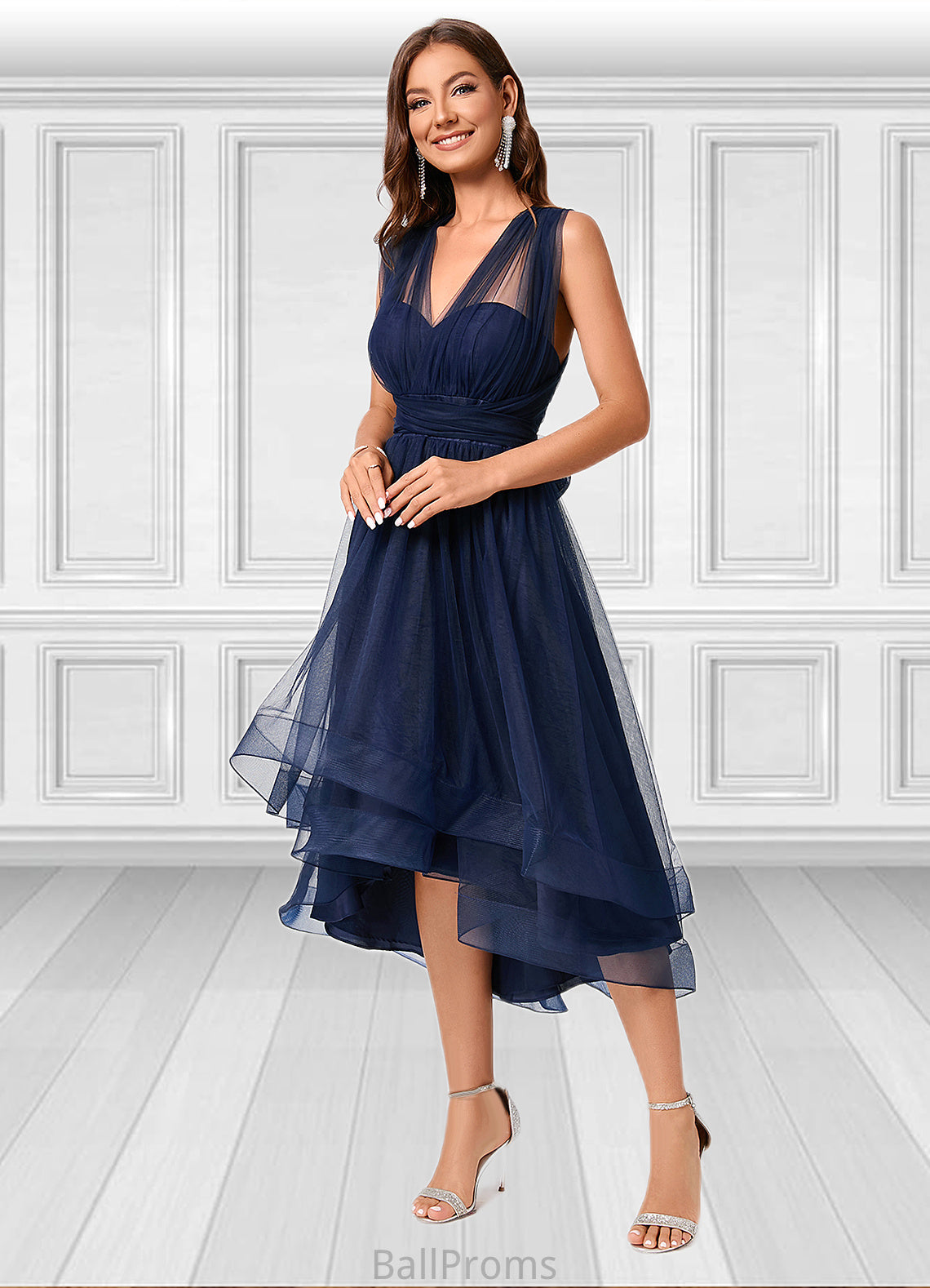 Ashlyn A-line Halter One Shoulder V-Neck Asymmetrical Tulle Cocktail Dress HJP0022254