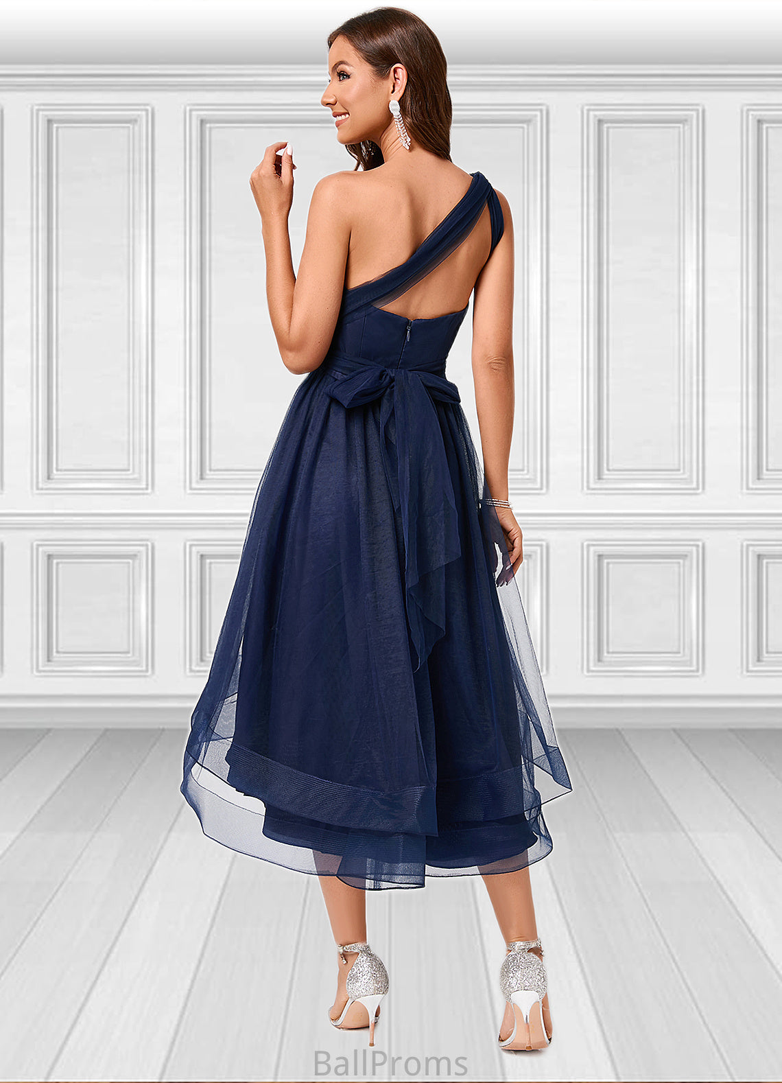 Ashlyn A-line Halter One Shoulder V-Neck Asymmetrical Tulle Cocktail Dress HJP0022254