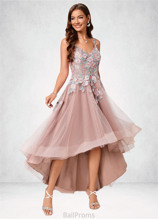 Thirza A-line Off the Shoulder Asymmetrical Lace Tulle Cocktail Dress With Flower HJP0022258