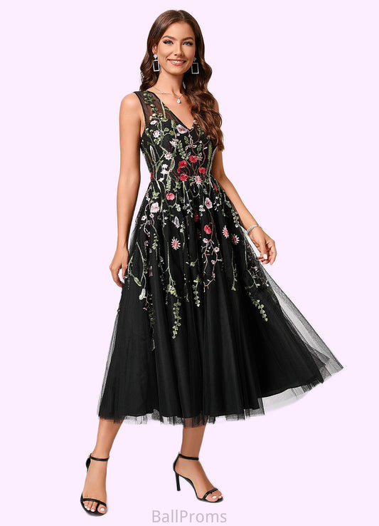 Eliza A-line V-Neck Tea-Length Lace Tulle Cocktail Dress With Appliques Lace HJP0022260