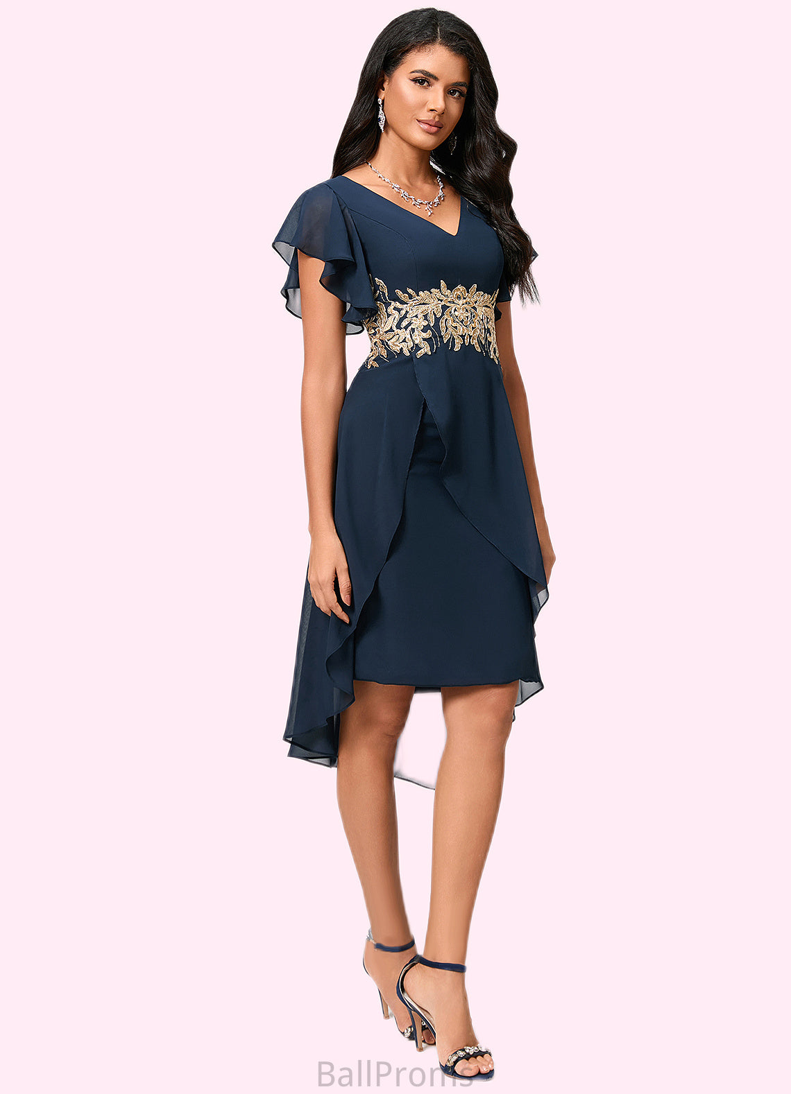 Audrina Sheath/Column V-Neck Asymmetrical Chiffon Lace Cocktail Dress With Appliques Lace HJP0022268