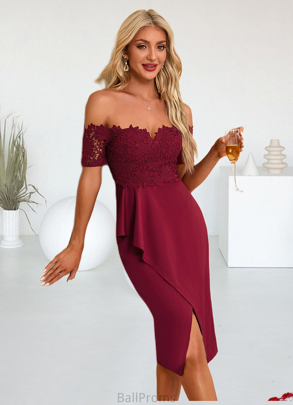 Skye Flower Ruffle Off the Shoulder Elegant Sheath/Column Lace Polyester Asymmetrical Dresses HJP0022276