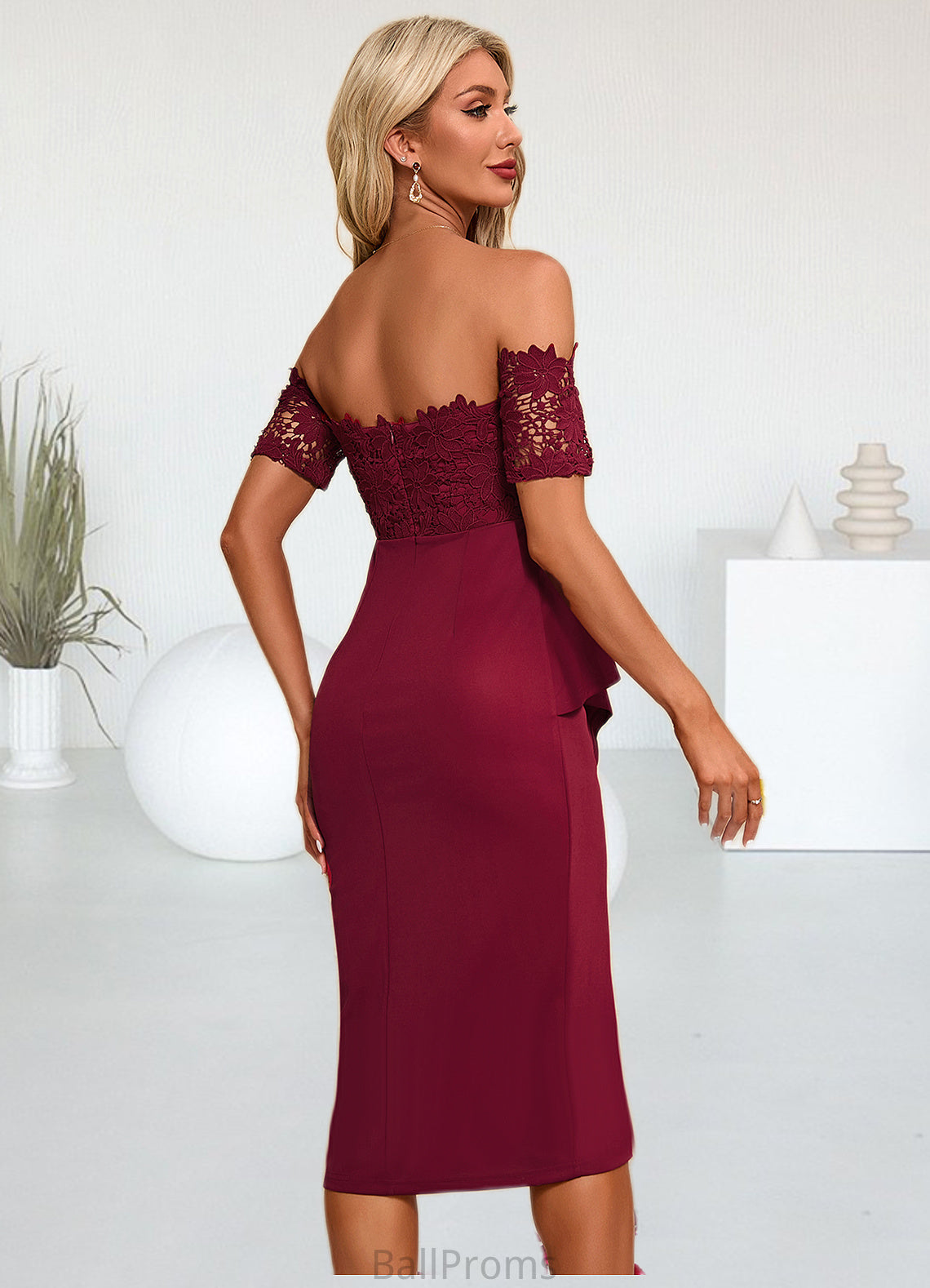 Skye Flower Ruffle Off the Shoulder Elegant Sheath/Column Lace Polyester Asymmetrical Dresses HJP0022276