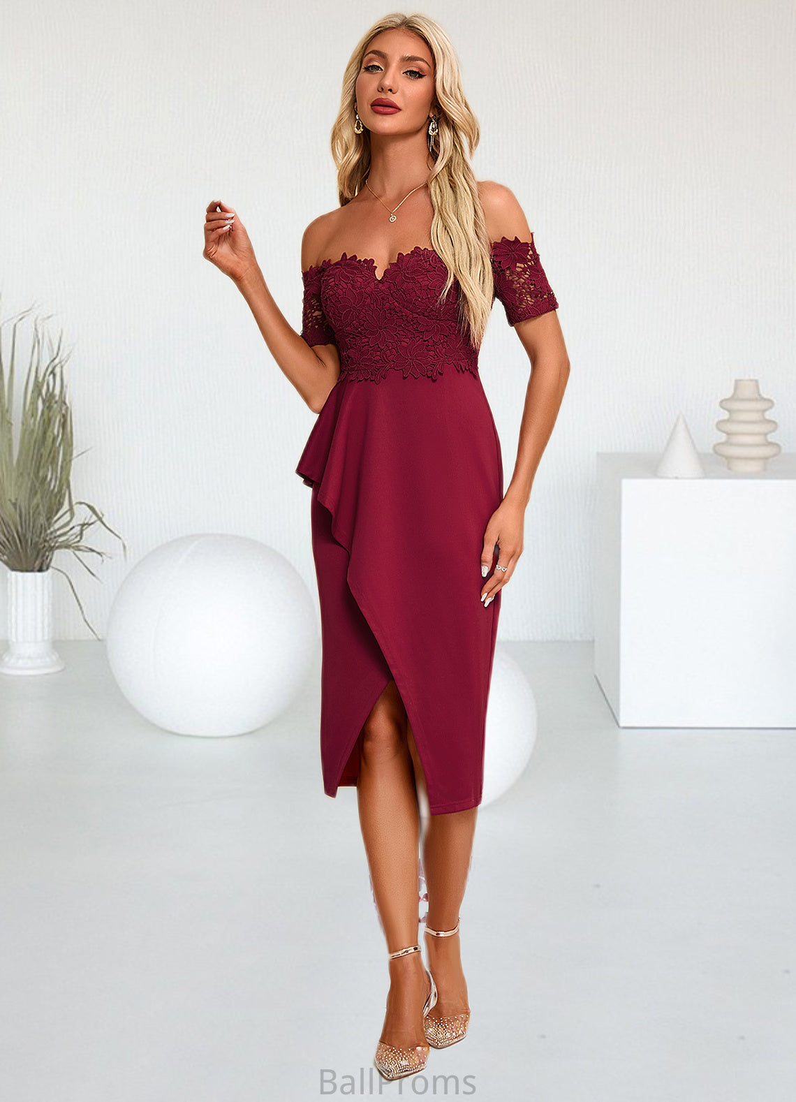 Skye Flower Ruffle Off the Shoulder Elegant Sheath/Column Lace Polyester Asymmetrical Dresses HJP0022276