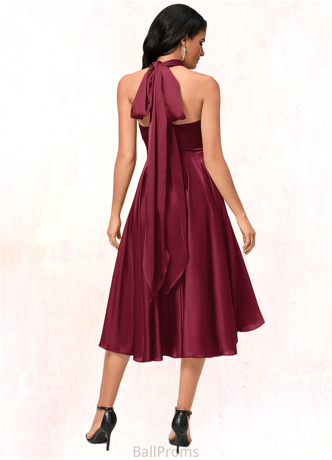 Ashleigh A-line Halter One Shoulder V-Neck Asymmetrical Silky Satin Cocktail Dress With Ruffle HJP0022280