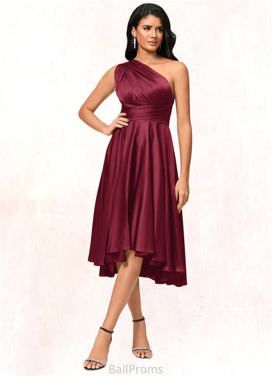 Ashleigh A-line Halter One Shoulder V-Neck Asymmetrical Silky Satin Cocktail Dress With Ruffle HJP0022280