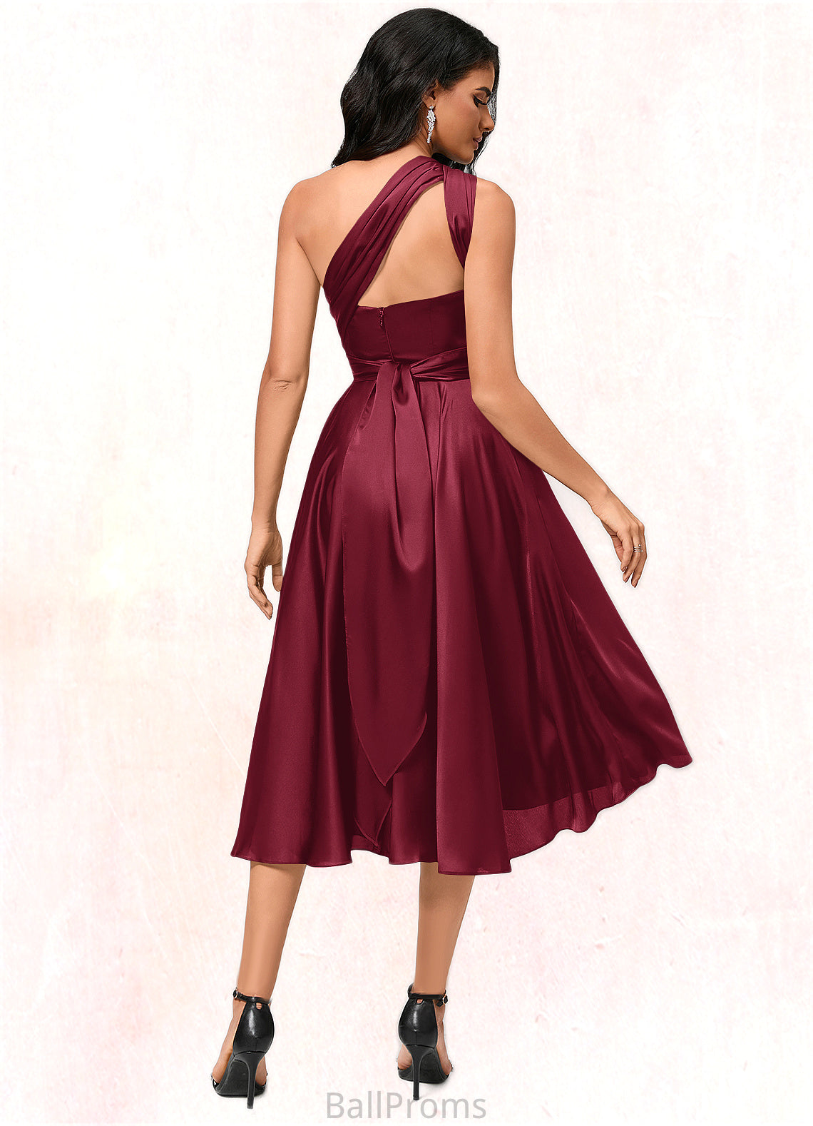 Ashleigh A-line Halter One Shoulder V-Neck Asymmetrical Silky Satin Cocktail Dress With Ruffle HJP0022280