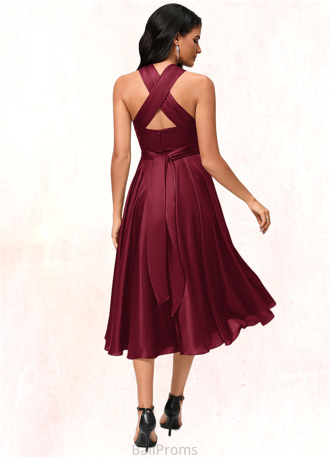 Ashleigh A-line Halter One Shoulder V-Neck Asymmetrical Silky Satin Cocktail Dress With Ruffle HJP0022280