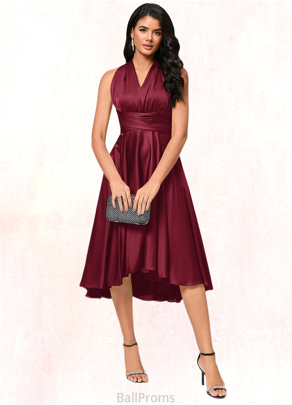 Ashleigh A-line Halter One Shoulder V-Neck Asymmetrical Silky Satin Cocktail Dress With Ruffle HJP0022280