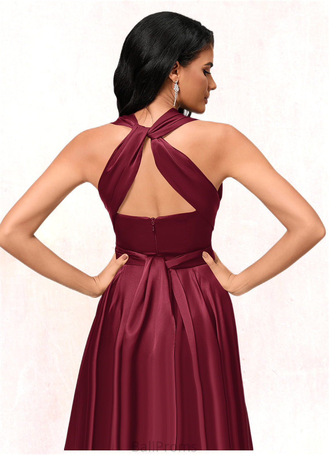 Ashleigh A-line Halter One Shoulder V-Neck Asymmetrical Silky Satin Cocktail Dress With Ruffle HJP0022280