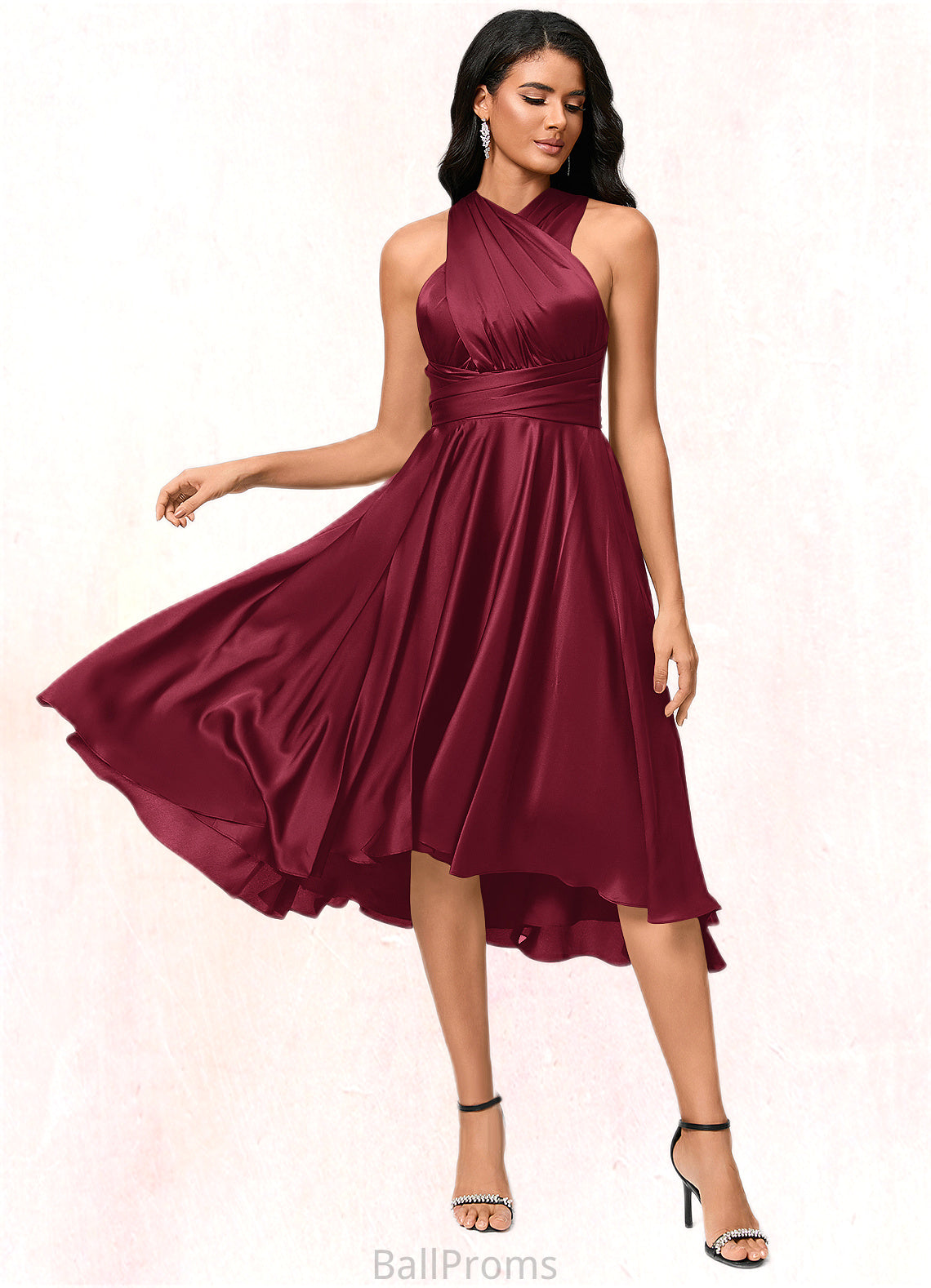 Ashleigh A-line Halter One Shoulder V-Neck Asymmetrical Silky Satin Cocktail Dress With Ruffle HJP0022280