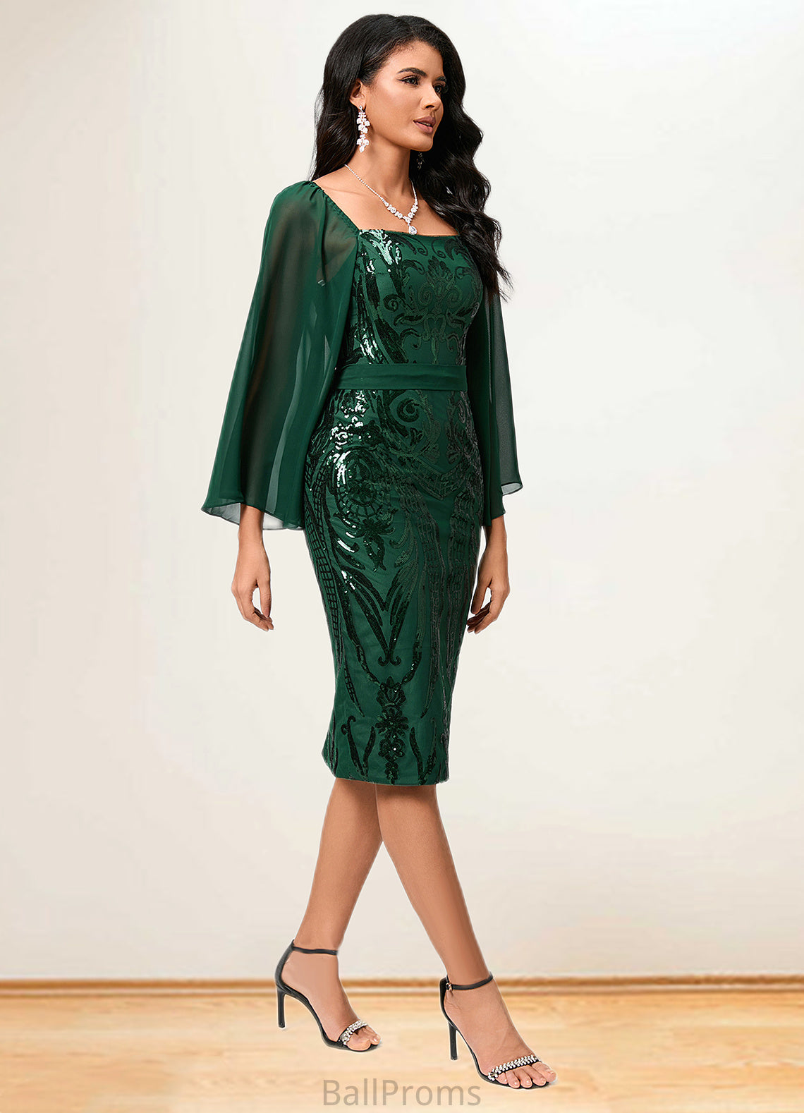 Leilani Sheath/Column Square Knee-Length Chiffon Lace Sequin Cocktail Dress HJP0022281