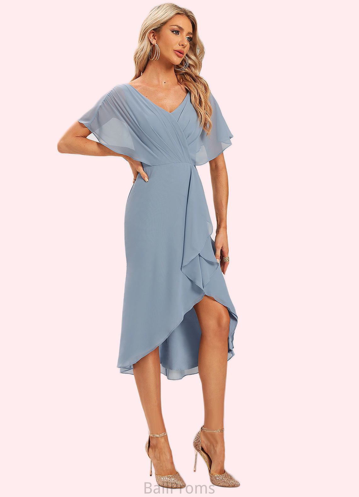 Lia Sheath/Column V-Neck Asymmetrical Chiffon Cocktail Dress With Ruffle HJP0022282