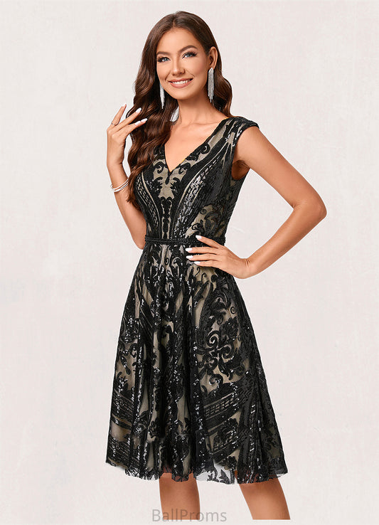 Monique A-line V-Neck Knee-Length Lace Sequin Cocktail Dress With Sequins HJP0022289