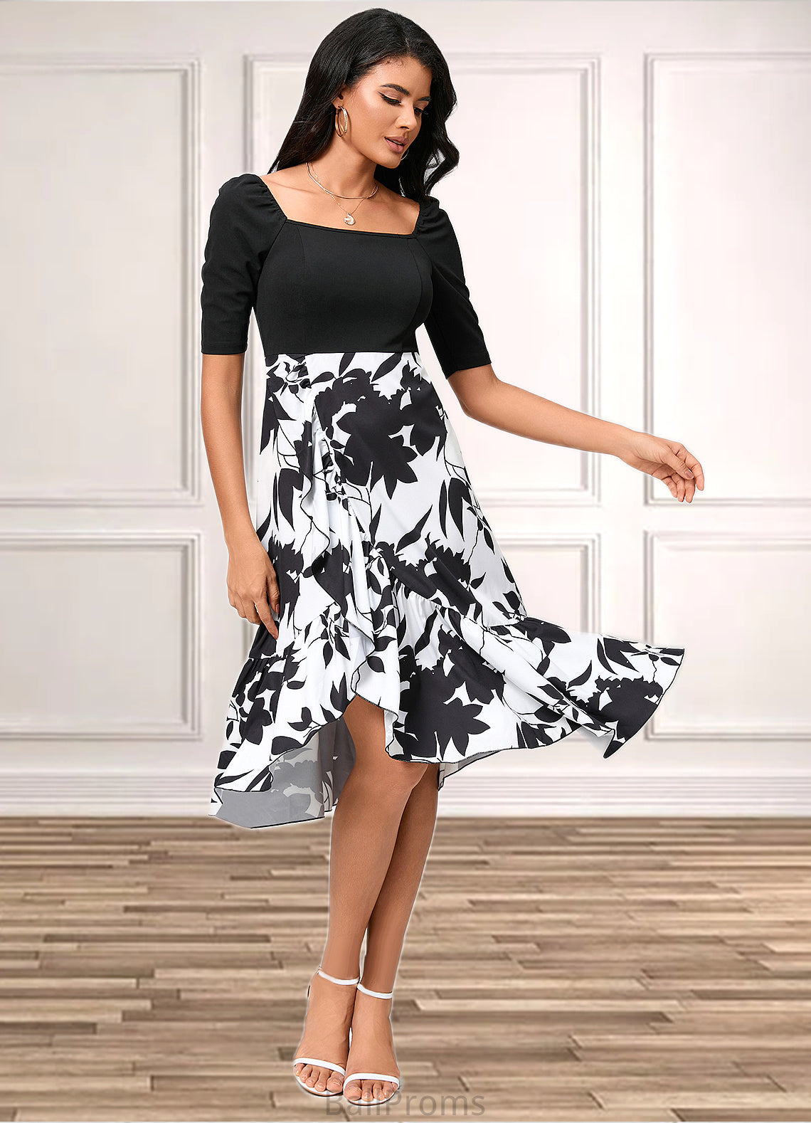 Jaslene A-line Square Asymmetrical Polyester Cocktail Dress With Cascading Ruffles HJP0022292