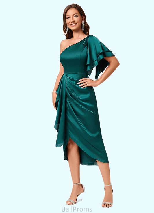 Gia Sheath/Column One Shoulder Asymmetrical Silky Satin Cocktail Dress With Ruffle HJP0022293