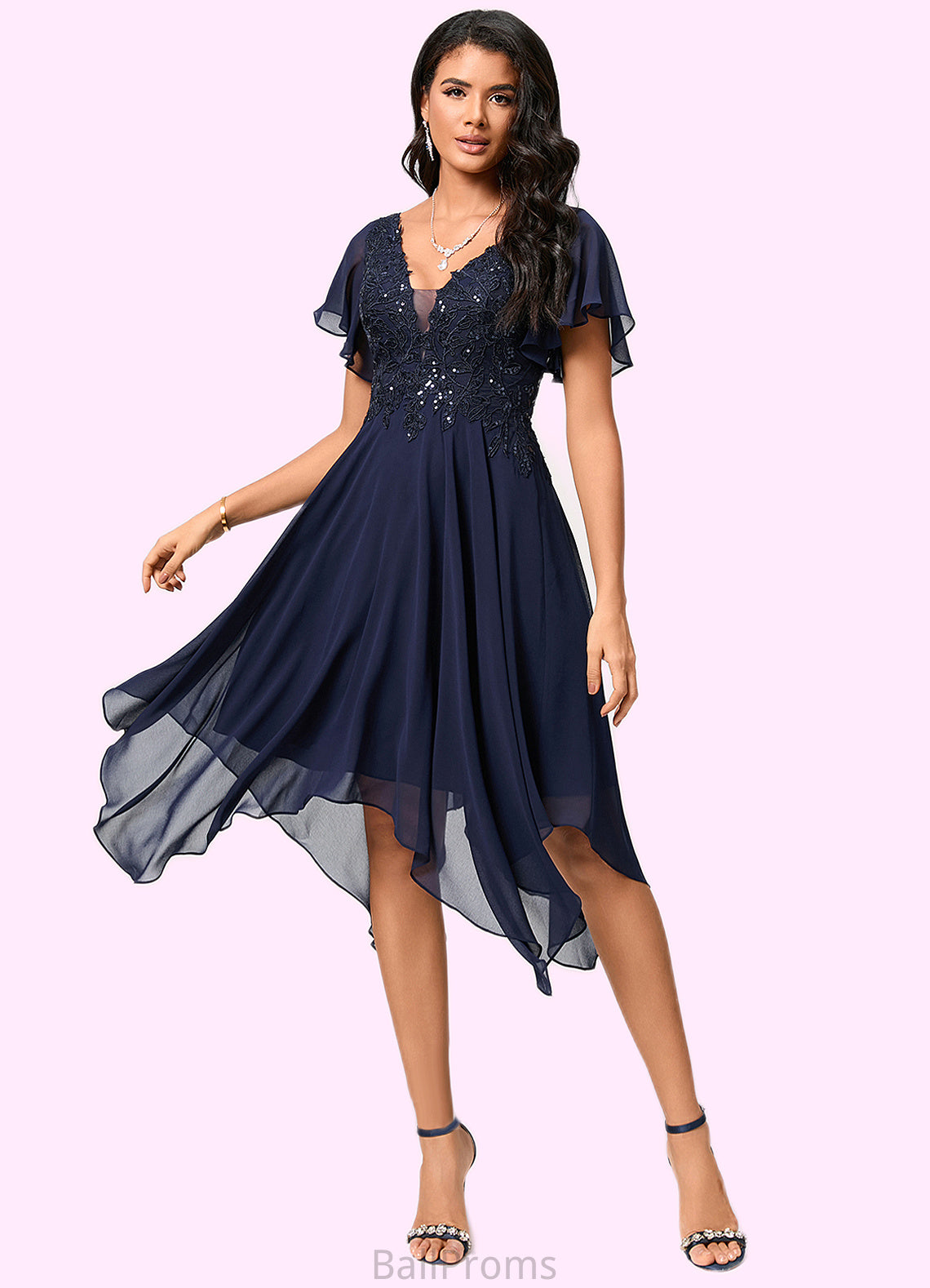 Kathy A-line V-Neck Tea-Length Chiffon Cocktail Dress With Sequins HJP0022296