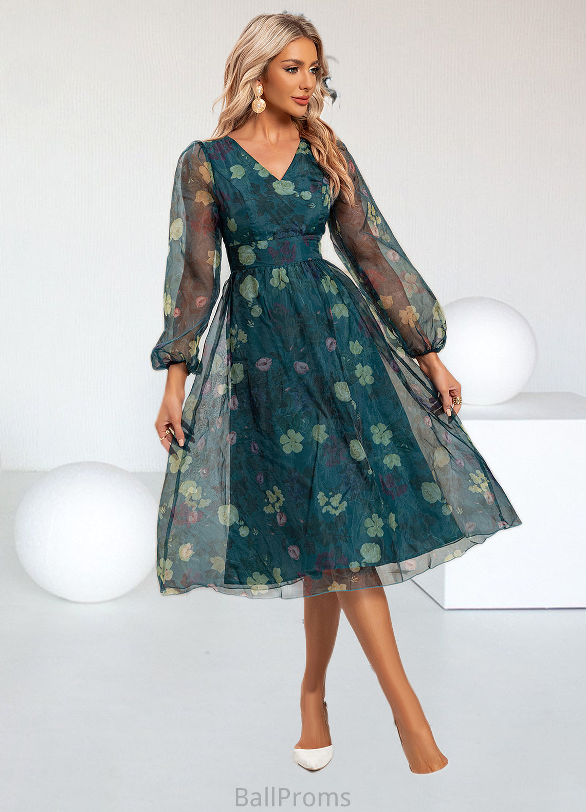 Willa Floral Print V-Neck Elegant A-line Organza Midi Dresses HJP0022297