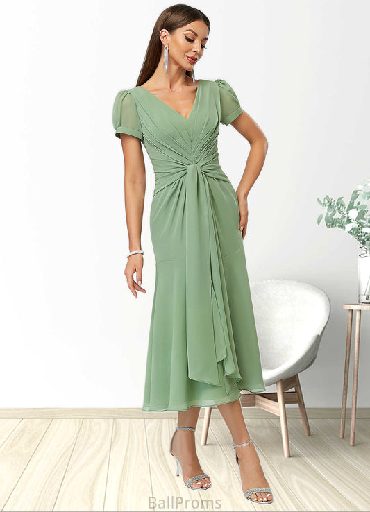 Alivia Trumpet/Mermaid V-Neck Tea-Length Chiffon Cocktail Dress With Pleated HJP0022315