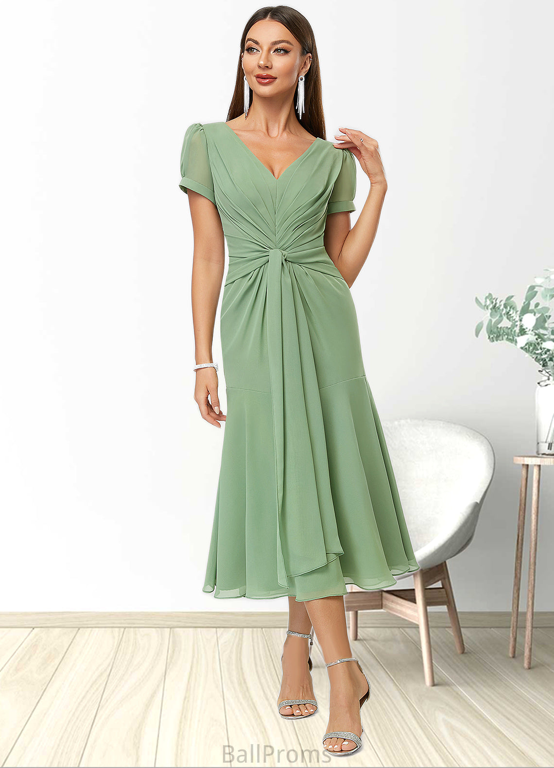 Alivia Trumpet/Mermaid V-Neck Tea-Length Chiffon Cocktail Dress With Pleated HJP0022315