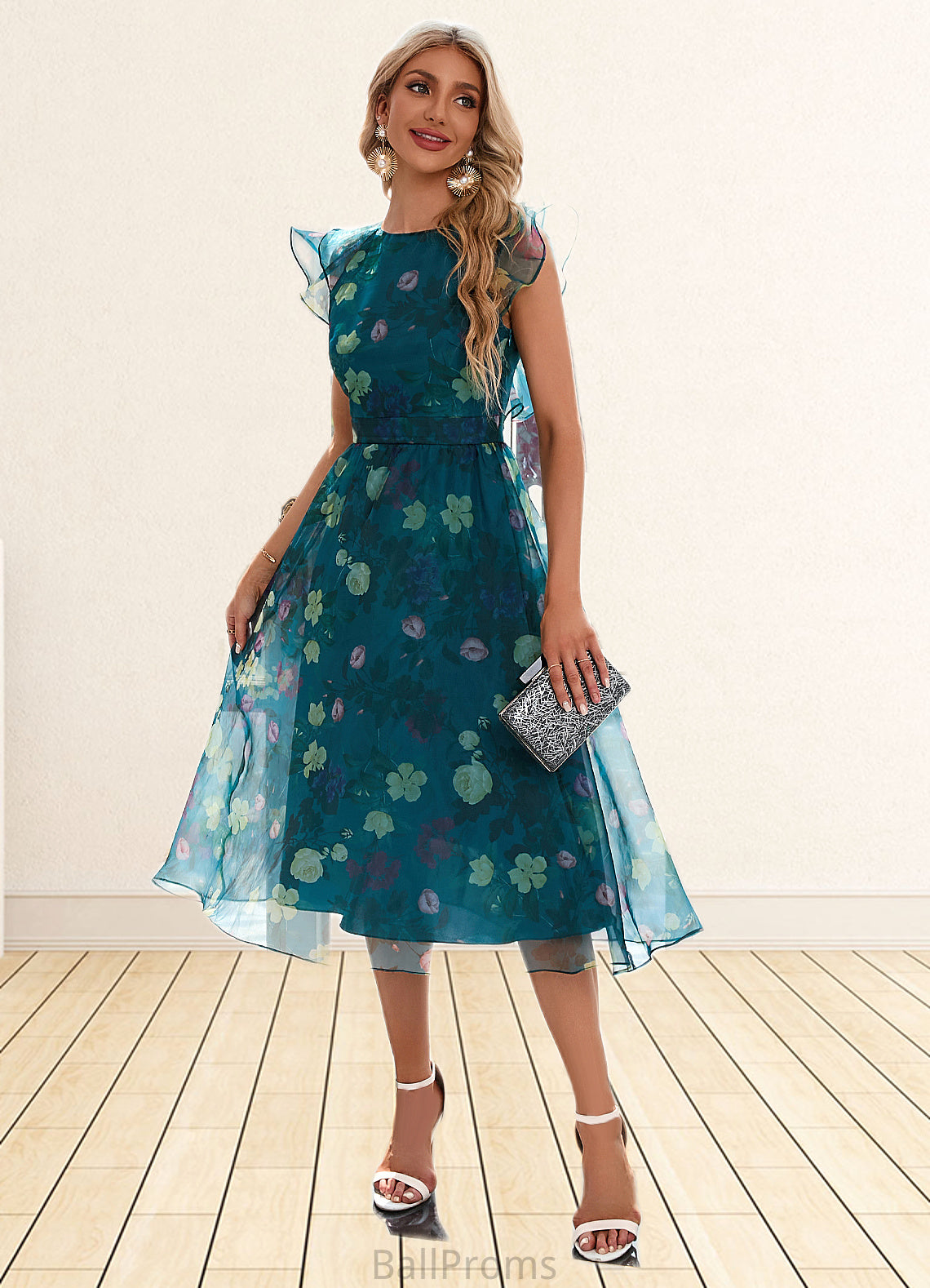 Amara Floral Print Scoop Elegant A-line Organza Midi Dresses HJP0022318