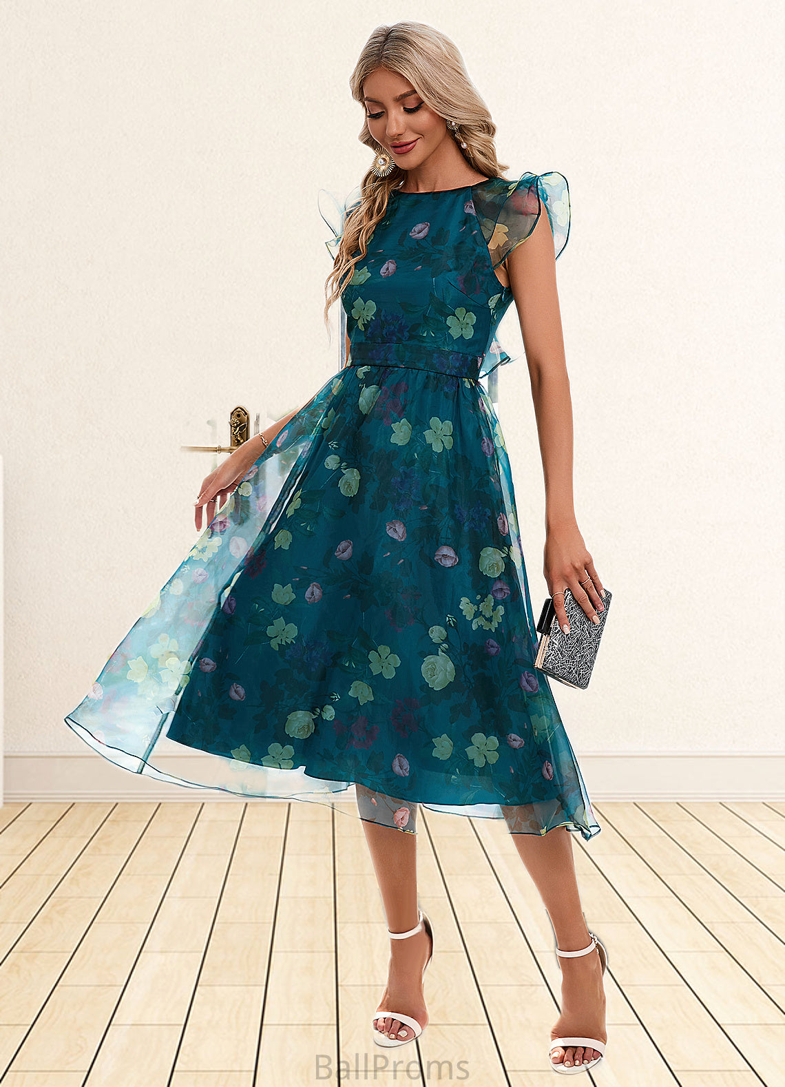 Amara Floral Print Scoop Elegant A-line Organza Midi Dresses HJP0022318