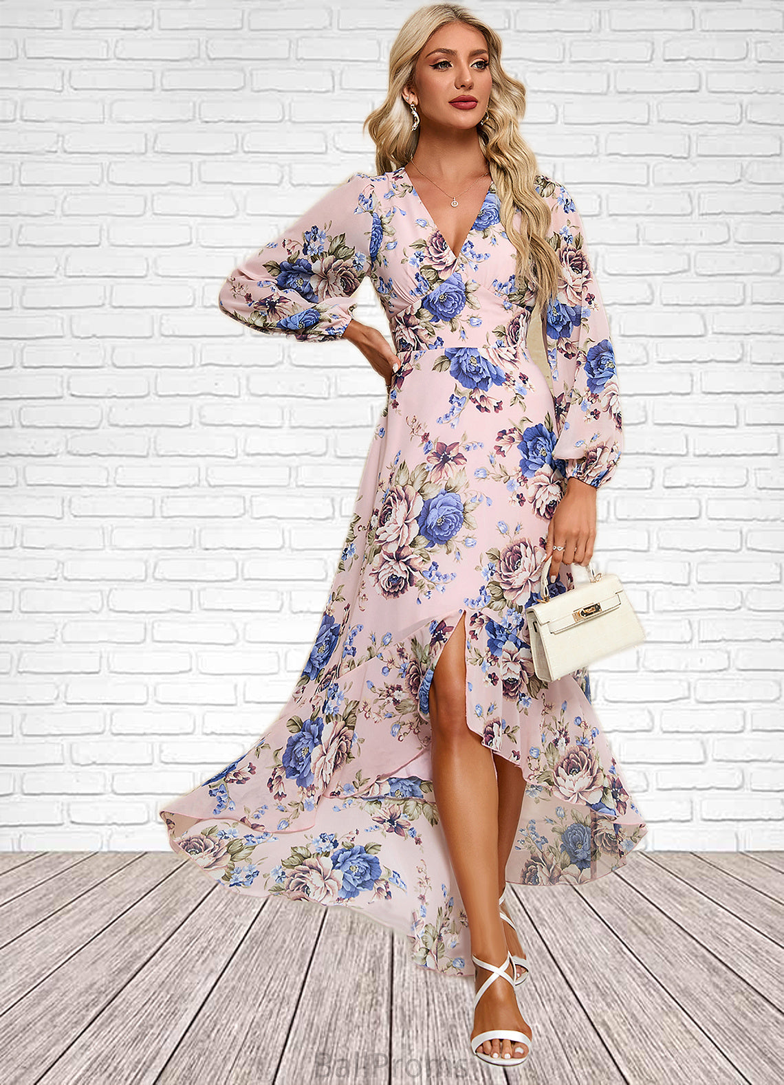 Yuliana Ruffle Floral Print V-Neck Elegant A-line Chiffon Asymmetrical Dresses HJP0022327