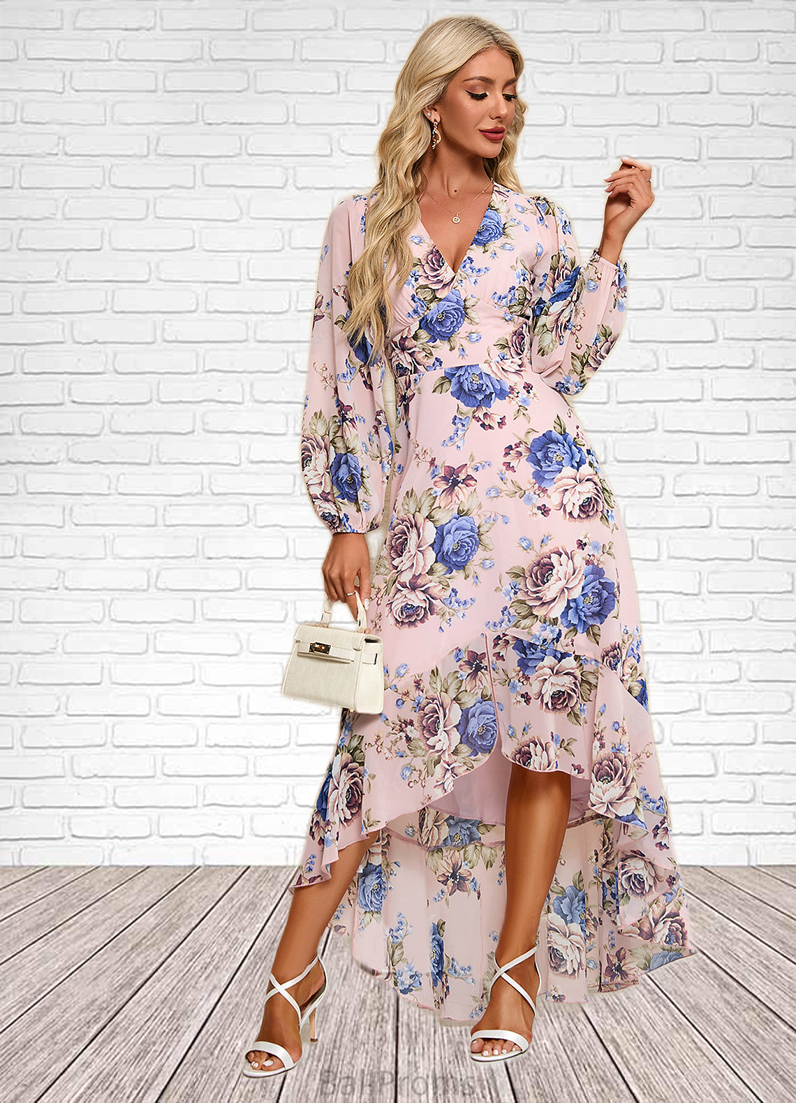 Yuliana Ruffle Floral Print V-Neck Elegant A-line Chiffon Asymmetrical Dresses HJP0022327