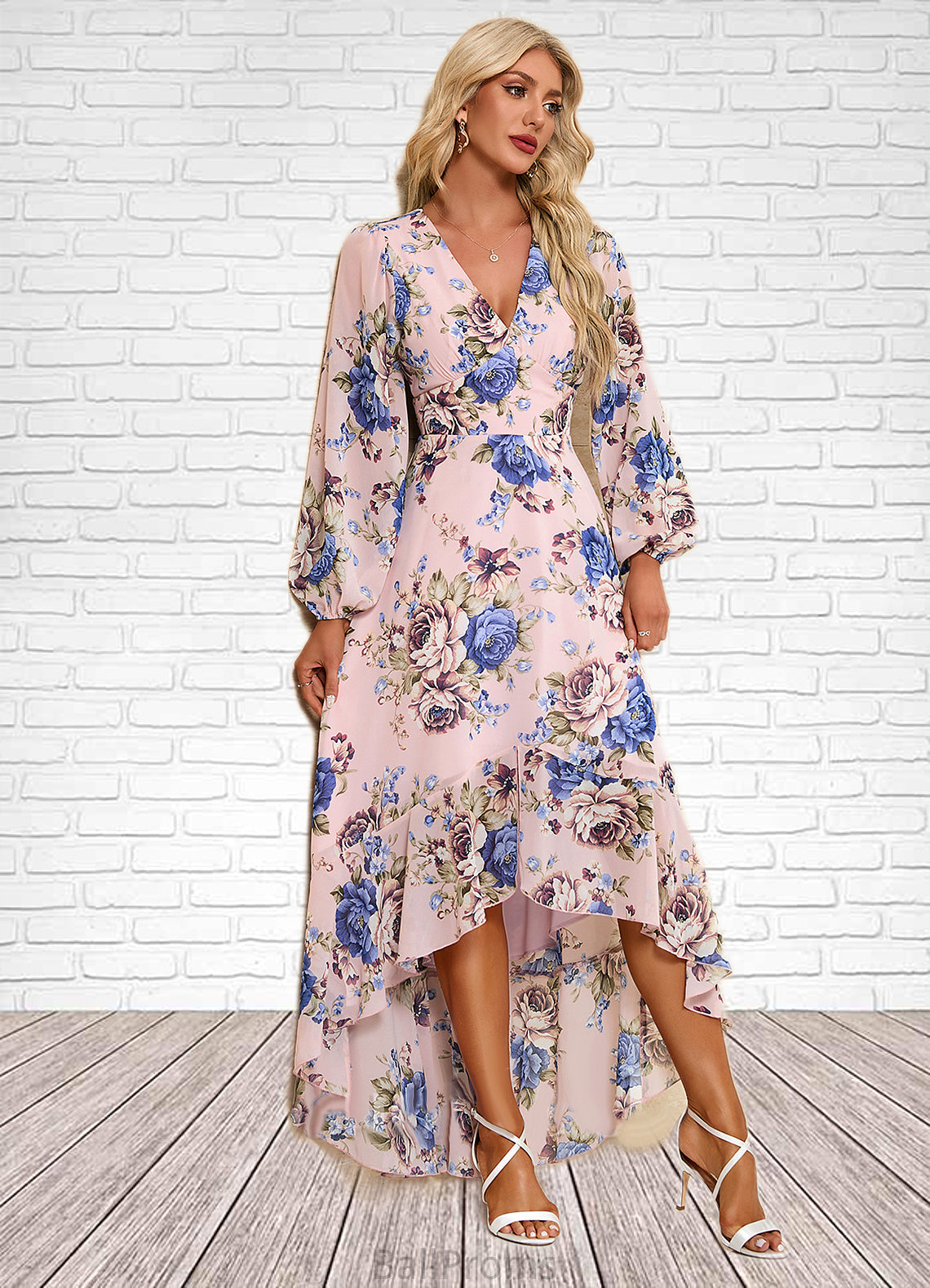 Yuliana Ruffle Floral Print V-Neck Elegant A-line Chiffon Asymmetrical Dresses HJP0022327