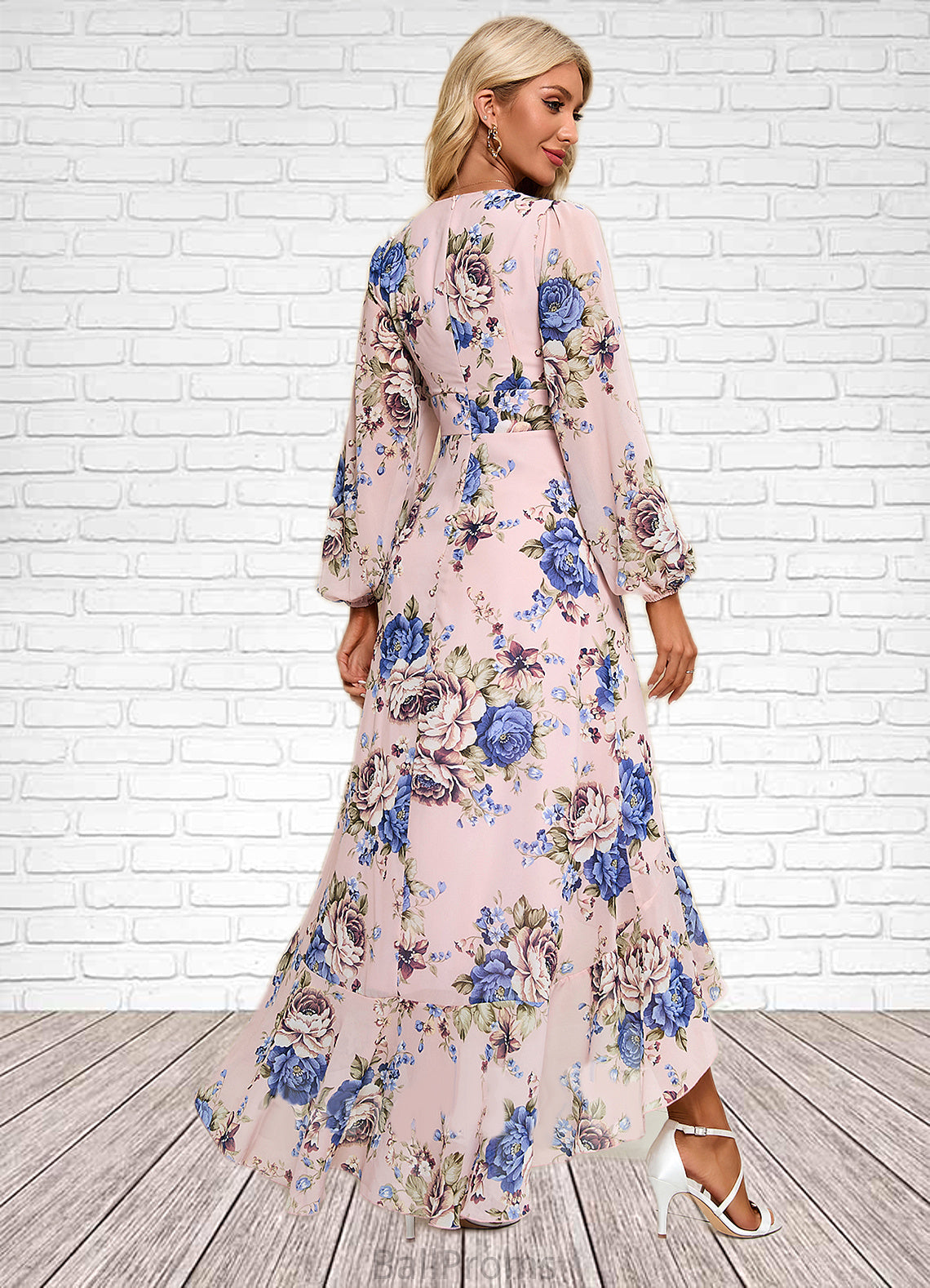 Yuliana Ruffle Floral Print V-Neck Elegant A-line Chiffon Asymmetrical Dresses HJP0022327