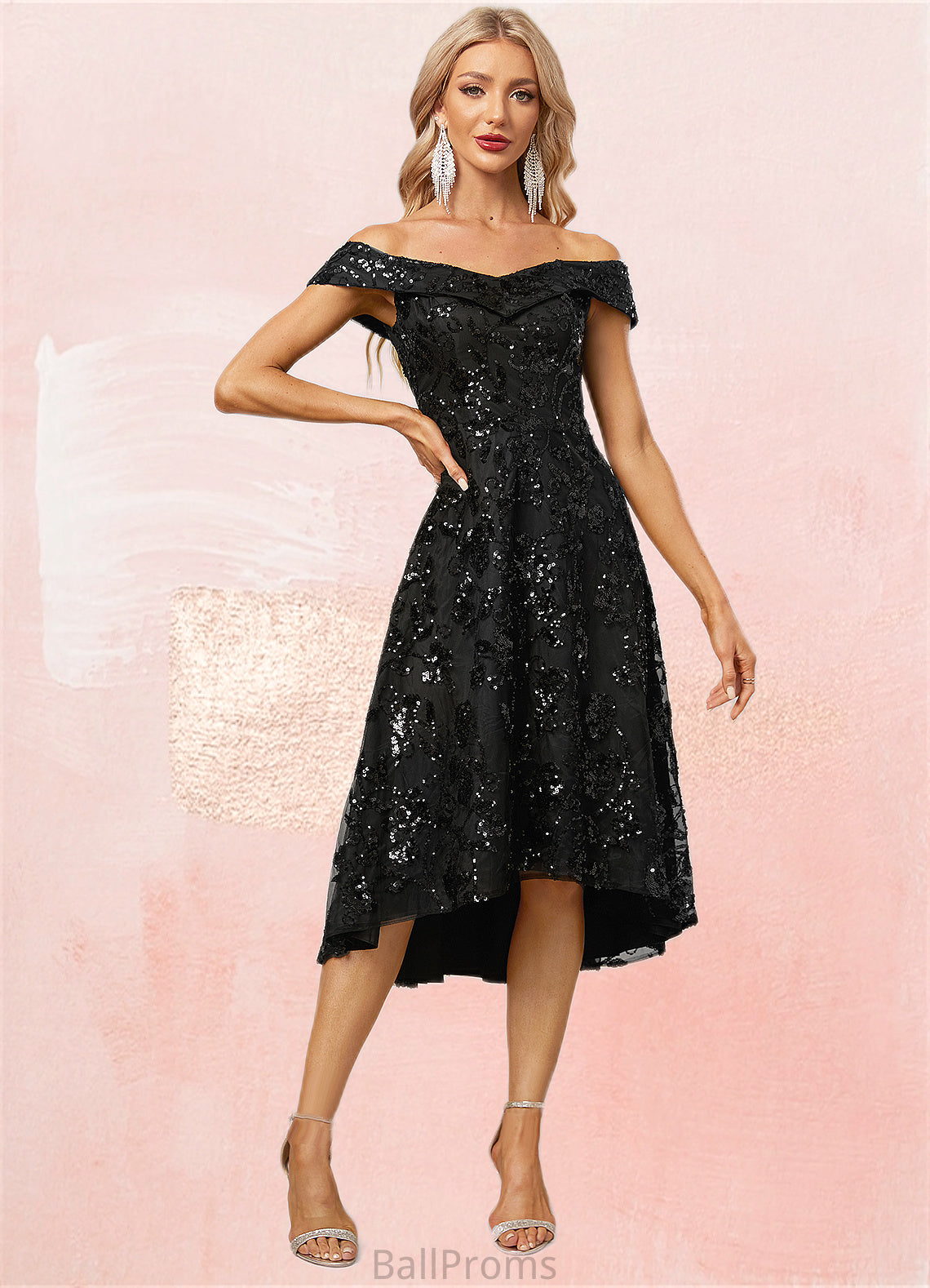 Natalya A-line Off the Shoulder Asymmetrical Lace Sequin Cocktail Dress With Sequins HJP0022328