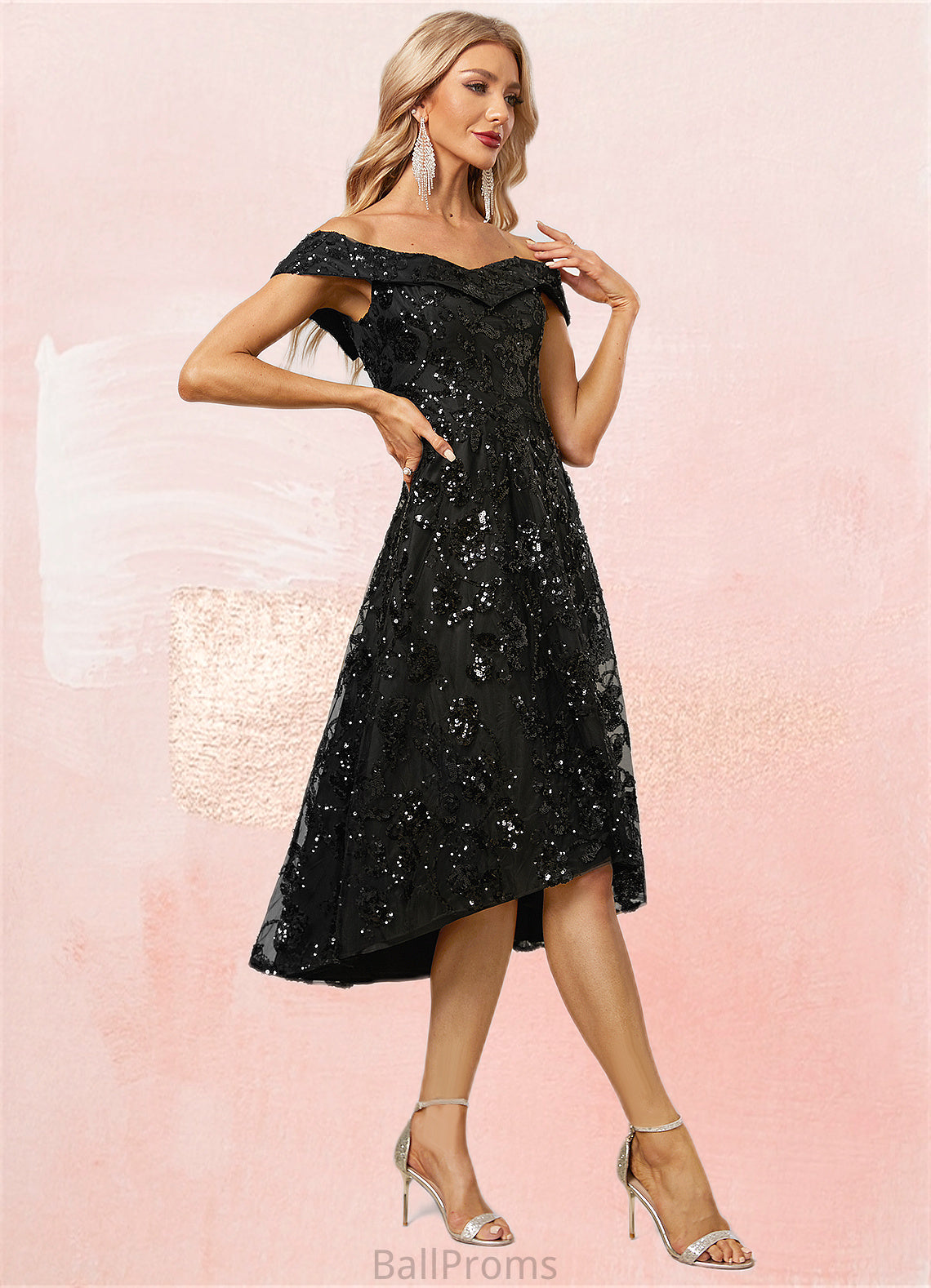 Natalya A-line Off the Shoulder Asymmetrical Lace Sequin Cocktail Dress With Sequins HJP0022328