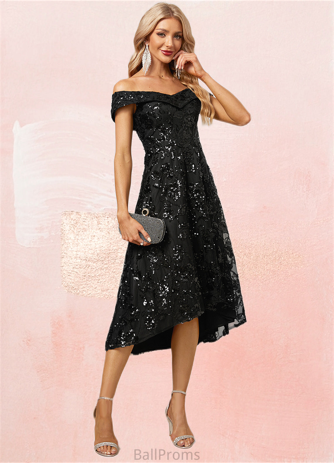 Natalya A-line Off the Shoulder Asymmetrical Lace Sequin Cocktail Dress With Sequins HJP0022328