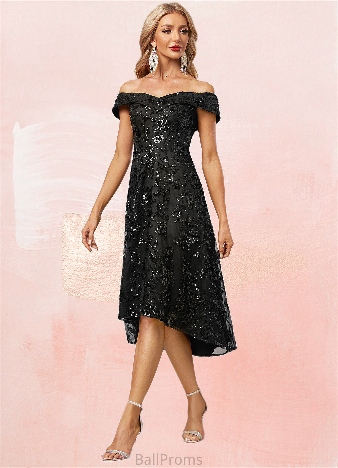 Natalya A-line Off the Shoulder Asymmetrical Lace Sequin Cocktail Dress With Sequins HJP0022328