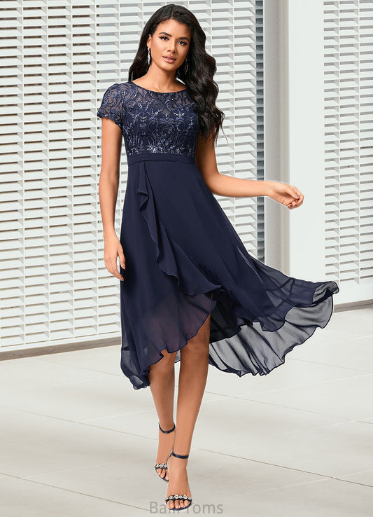 Irene A-line Scoop Asymmetrical Chiffon Lace Cocktail Dress With Cascading Ruffles HJP0022334