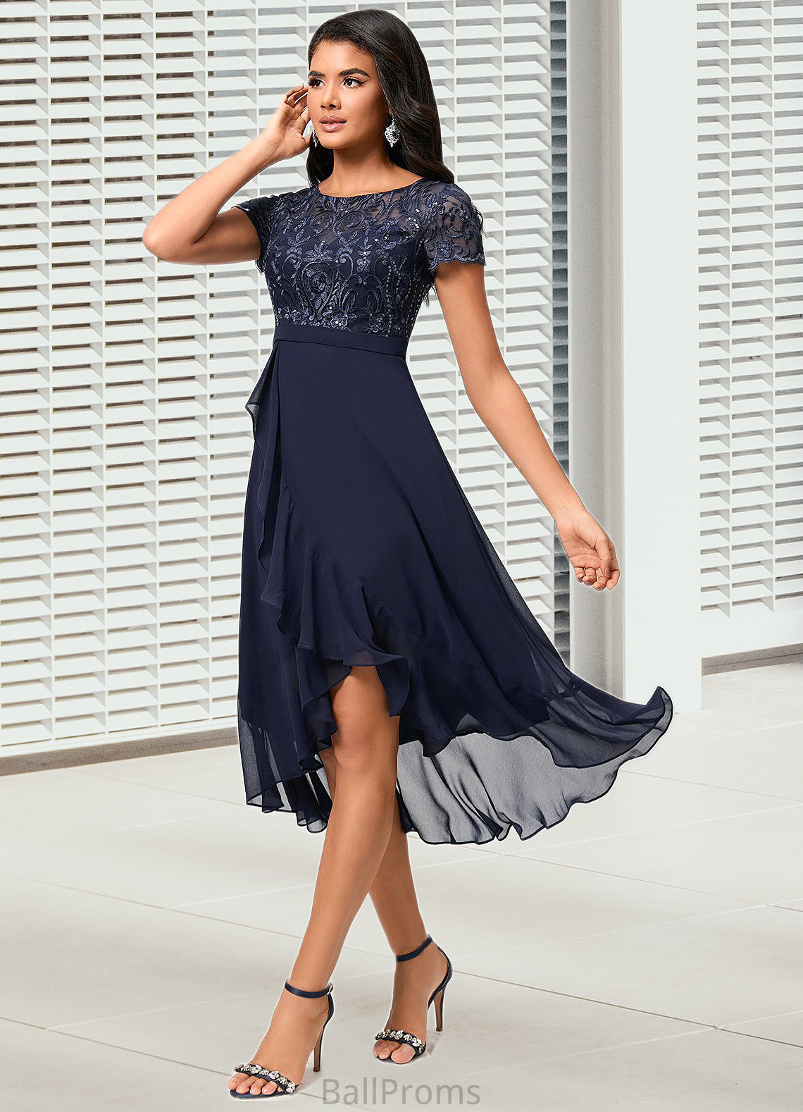 Irene A-line Scoop Asymmetrical Chiffon Lace Cocktail Dress With Cascading Ruffles HJP0022334