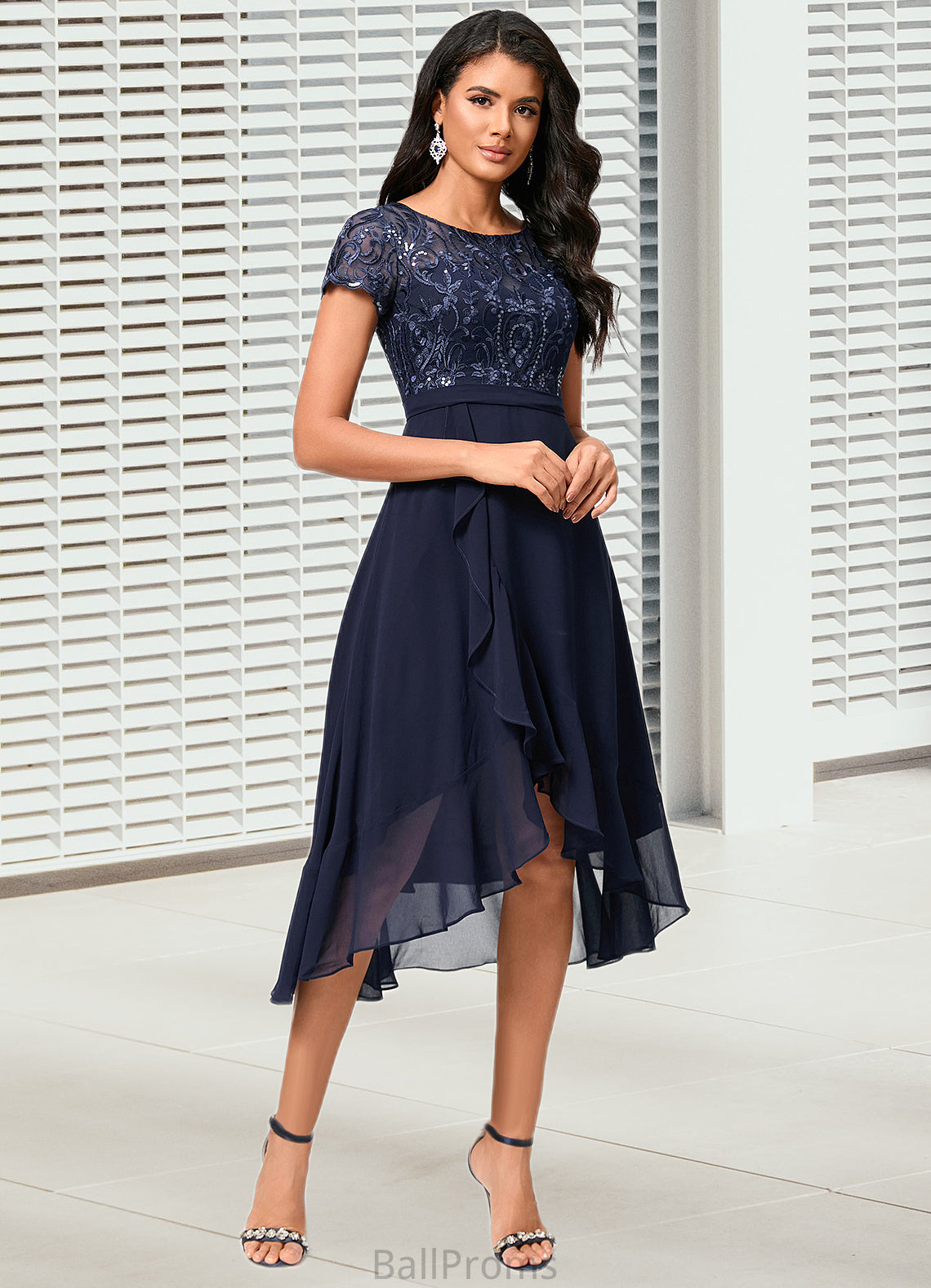 Irene A-line Scoop Asymmetrical Chiffon Lace Cocktail Dress With Cascading Ruffles HJP0022334