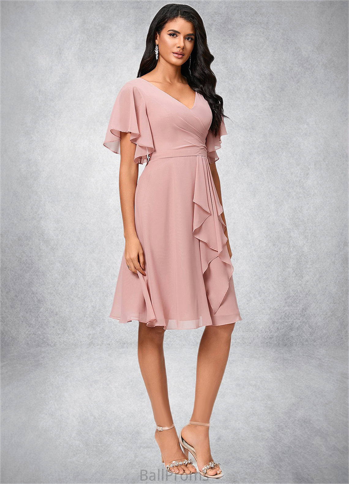 Persis A-line V-Neck Knee-Length Chiffon Cocktail Dress With Ruffle HJP0022335