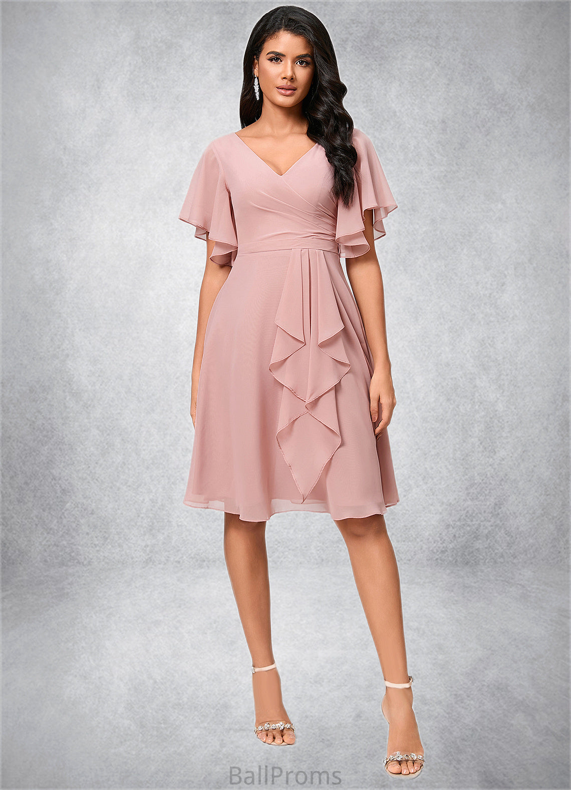 Persis A-line V-Neck Knee-Length Chiffon Cocktail Dress With Ruffle HJP0022335