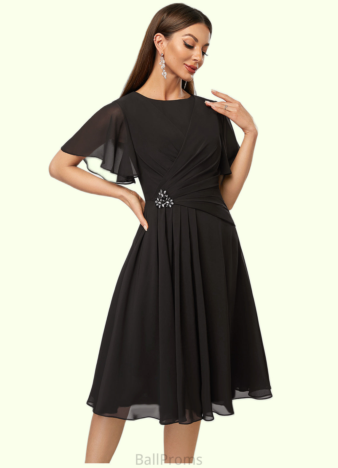 Angelique A-line Scoop Knee-Length Chiffon Cocktail Dress With Beading Pleated HJP0022336