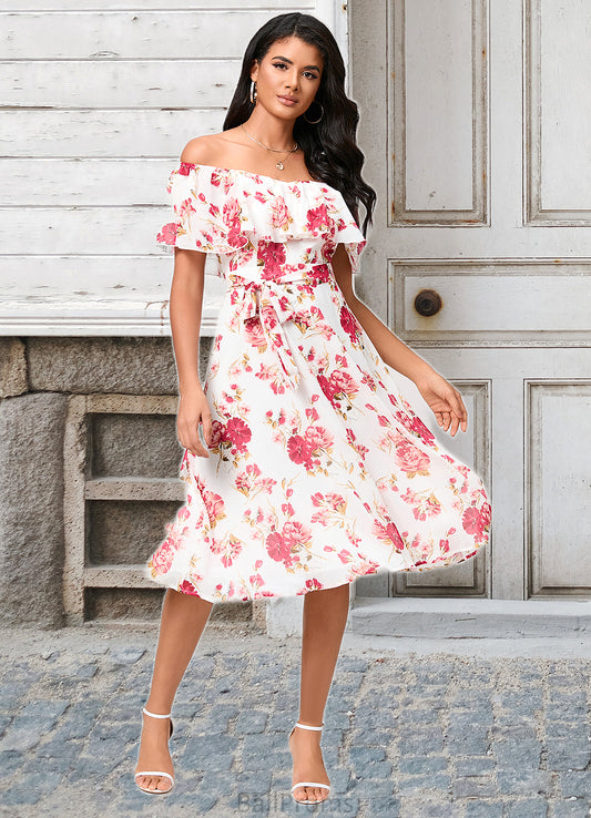 Asia A-line Off the Shoulder Knee-Length Chiffon Cocktail Dress With Bow HJP0022337