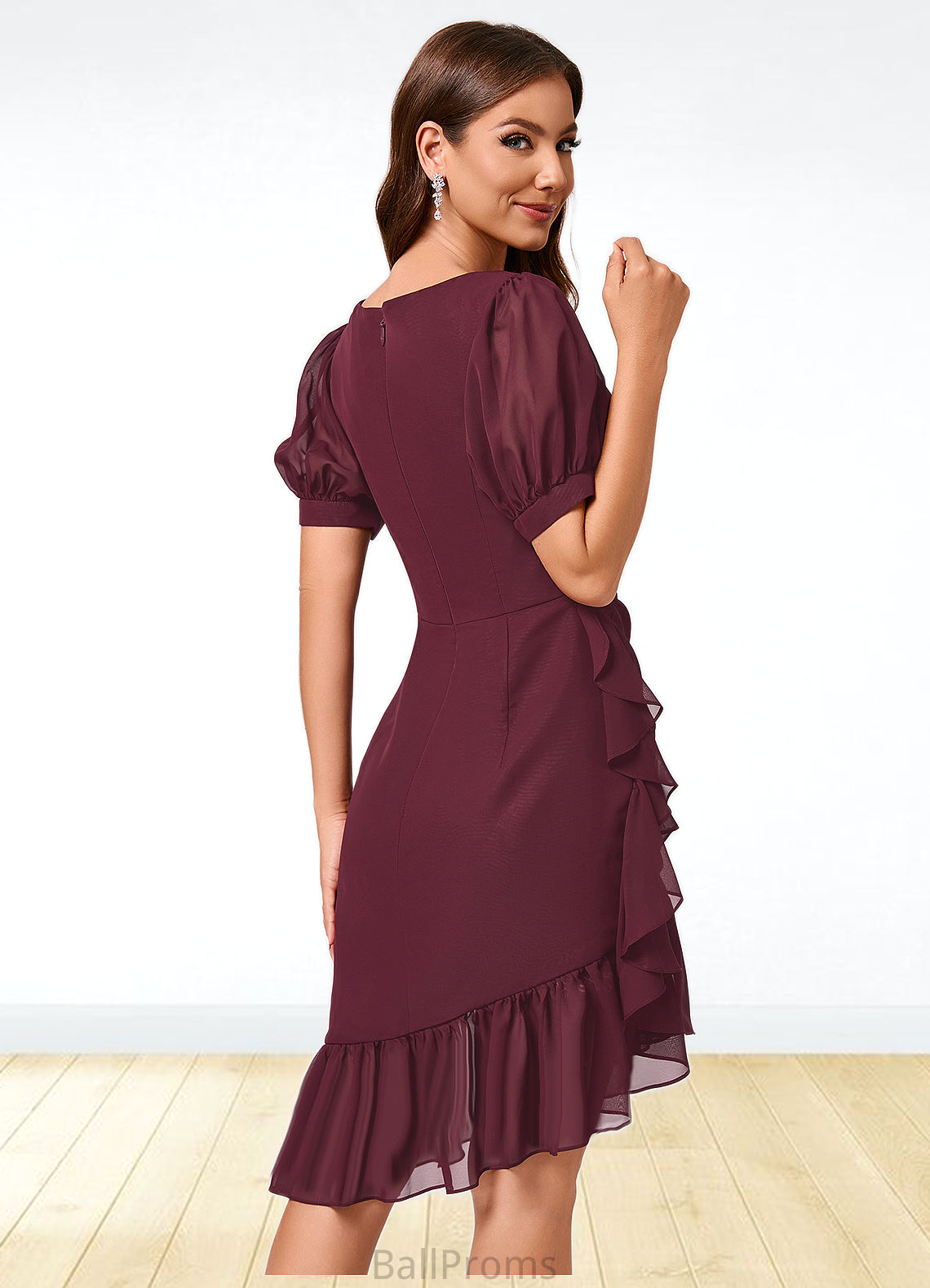 Gertie Sheath/Column V-Neck Asymmetrical Chiffon Cocktail Dress With Cascading Ruffles Ruffle HJP0022339