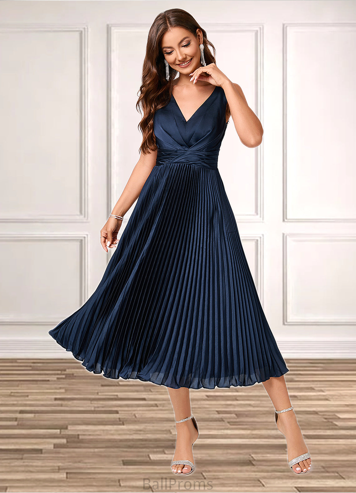 Tricia A-line V-Neck Tea-Length Silky Satin Cocktail Dress With Pleated Ruffle HJP0022341