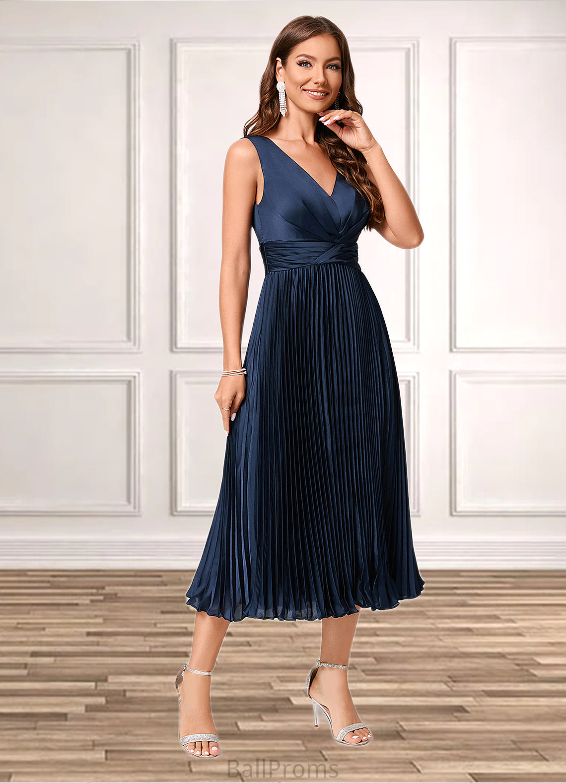 Tricia A-line V-Neck Tea-Length Silky Satin Cocktail Dress With Pleated Ruffle HJP0022341