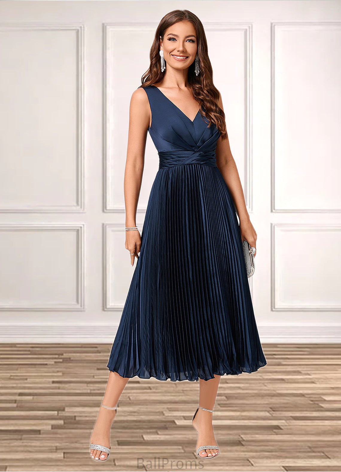 Tricia A-line V-Neck Tea-Length Silky Satin Cocktail Dress With Pleated Ruffle HJP0022341