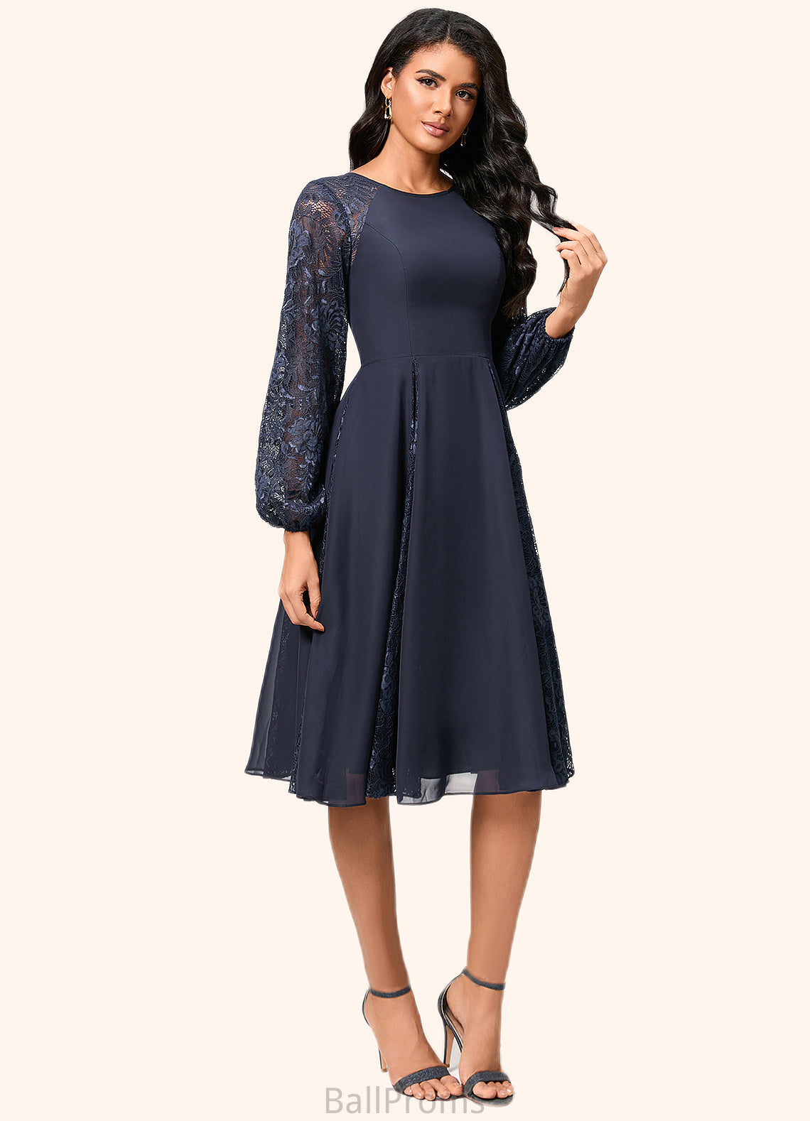 Bridget A-line Scoop Knee-Length Chiffon Lace Cocktail Dress HJP0022347