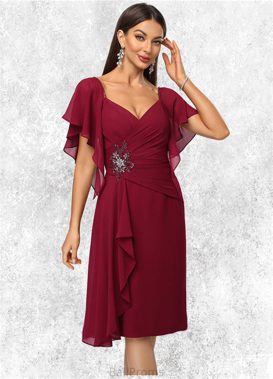 Nathalia Sheath/Column V-Neck Knee-Length Chiffon Cocktail Dress With Beading Cascading Ruffles HJP0022350