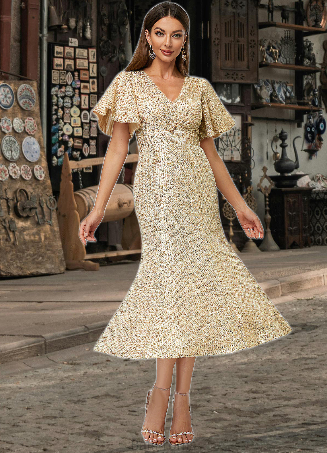 Emilia Trumpet/Mermaid V-Neck Tea-Length Sequin Cocktail Dress HJP0022351