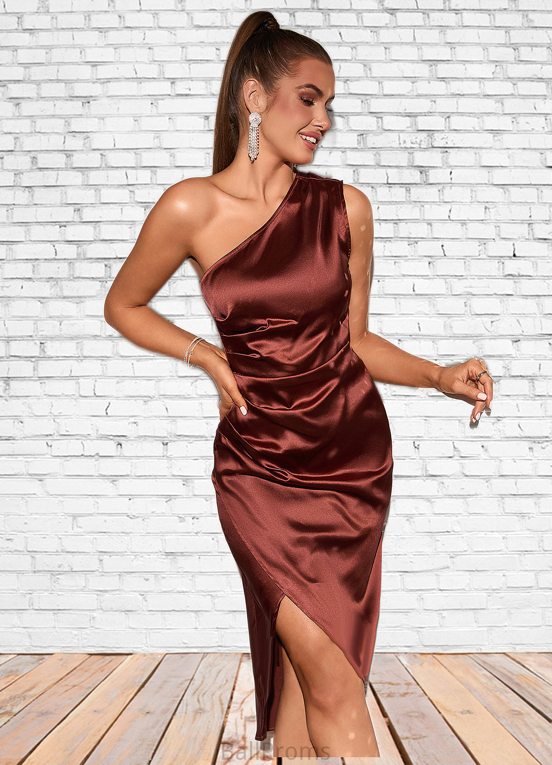 Kara Ruffle One Shoulder Elegant Sheath/Column Satin Midi Dresses HJP0022363